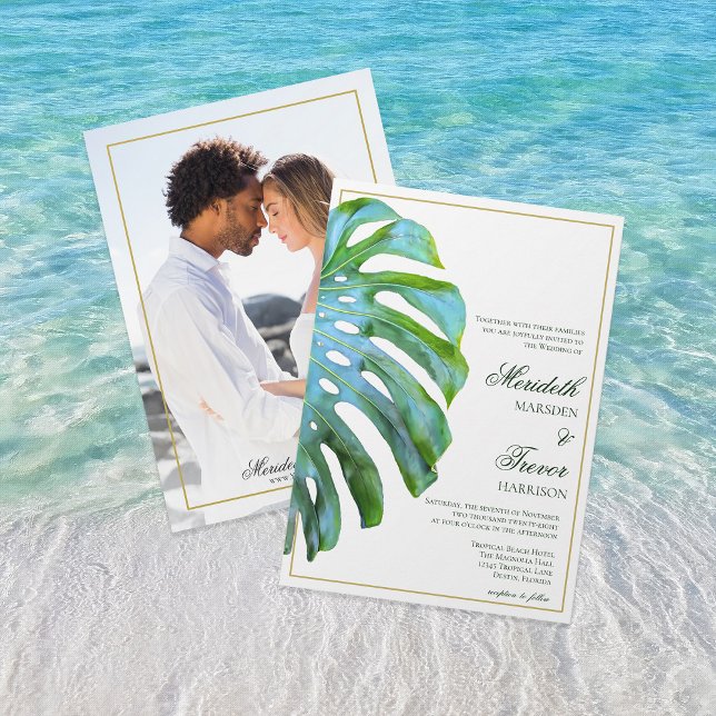 Invitation Élégant Mariage en or vert de la feuille tropicale (Créateur téléchargé)