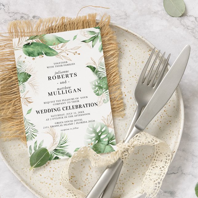 Invitation Élégant Mariage Été Tropical Vert & Or à (Créateur téléchargé)