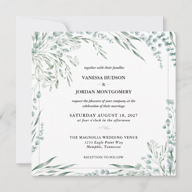 Invitation Élégant Mariage Eucalyptus (Devant)