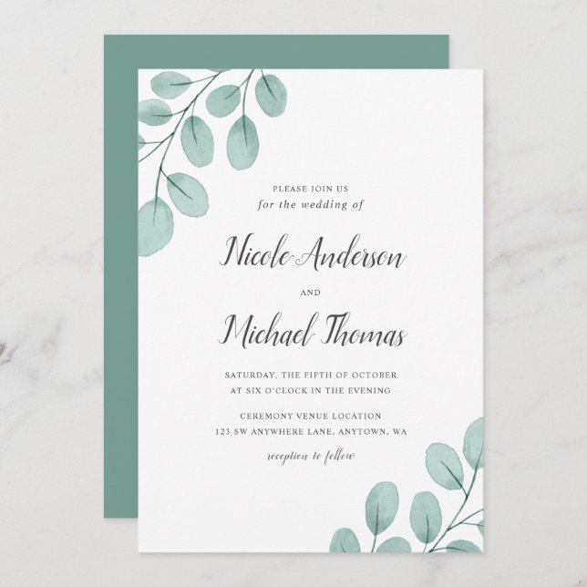 Invitation Elégant Mariage Eucalyptus aquarelle (Devant / Derrière)