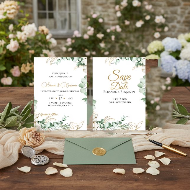 Invitation Élégant mariage Eucalyptus et verdure dorée  (Créateur téléchargé)