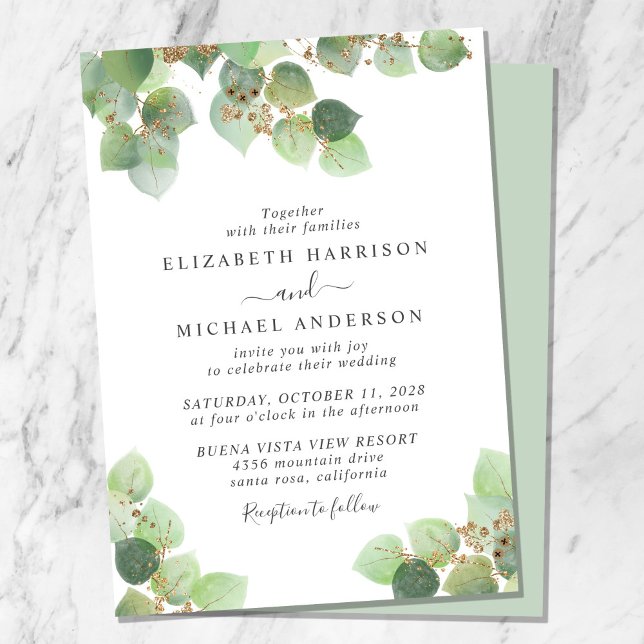 Invitation Elégant Mariage Eucalyptus Gold Aquarelle (Créateur téléchargé)