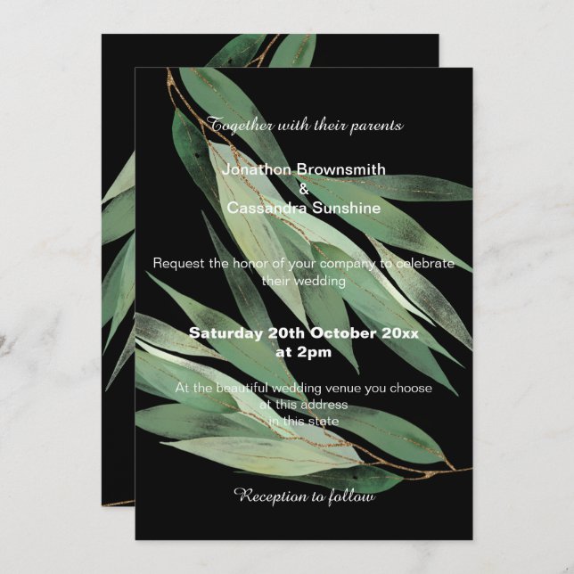 INVITATION ÉLÉGANT MARIAGE EUCALYPTUS NOIR VERT SAGE (Devant / Derrière)