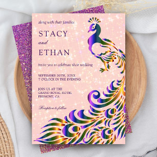 Invitation Élégant Mariage Faux Paillettes Violet Rose Paon