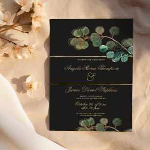 Invitation Élégant mariage feuille d'eucalyptus vert or noir