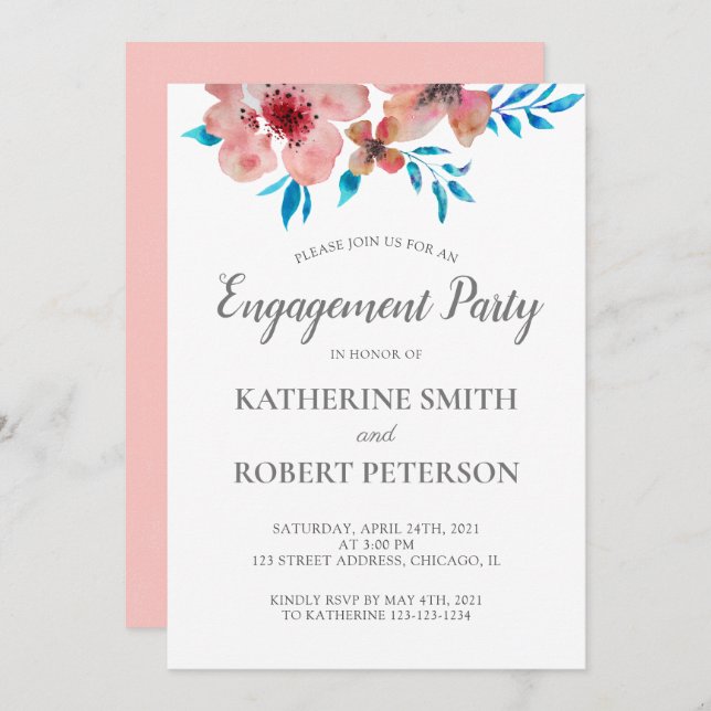 Invitation Elégant Mariage Fiançailles d'aquarelle Fleurs ros (Devant / Derrière)