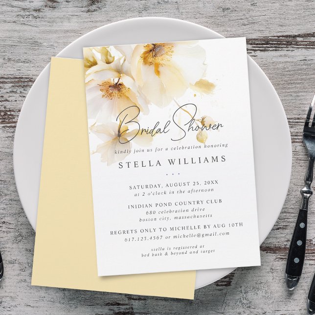 Invitation Élégant Mariage Fleur Blanc Jaune Or Fête de Fianç (Elegant White Yellow Gold Flower Bridal Shower Invitation)