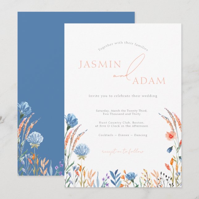 Invitation Élégant Mariage Fleur sauvage bleu et orange (Devant / Derrière)