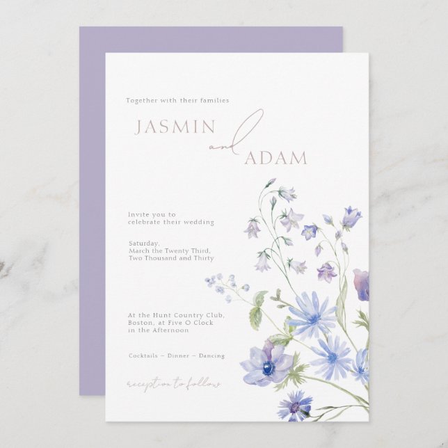 Invitation Élégant Mariage Fleur sauvage Blue & Lilac (Devant / Derrière)