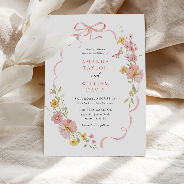 Invitation Élégant Mariage Fleur sauvage rose Bow (Créateur téléchargé)