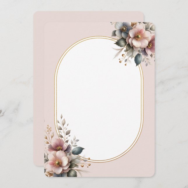 Invitation Élégant mariage fleuri rose, bleu et crème (Devant / Derrière)