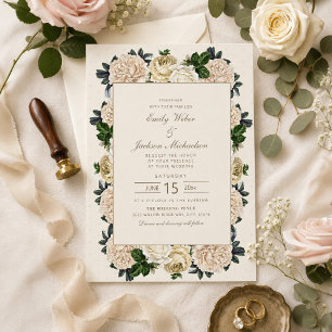 Invitation Élégant Mariage Fleurie Blanc Crème Vintage