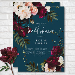 Invitation Élégant Mariage Fleurie Bordeaux et Bleu