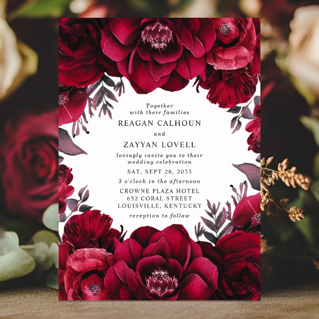 Invitation Élégant Mariage Fleuris Rouge Cramoisi Romantique  (Créateur téléchargé)