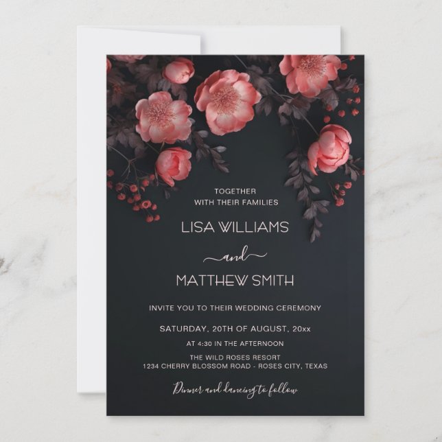 Invitation Élégant Mariage Fleurs 3D Sombres Roses (Devant)