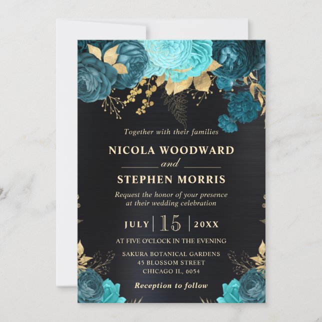 Invitation Élégant mariage fleurs aquarelle sarcelle et or (Devant)