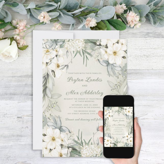 Invitation Élégant Mariage Fleurs Blanches Feuilles Vert Saug (Créateur téléchargé)