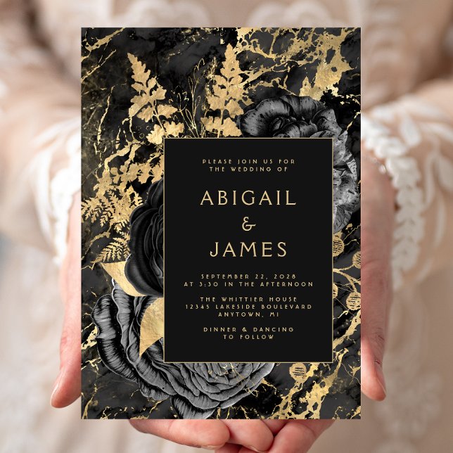 Invitation Élégant Mariage Fleurs Noir Marbre Or (Créateur téléchargé)
