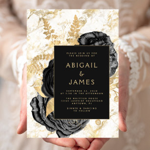 Invitation Élégant Mariage Fleurs Noir Or Blanc Marbre