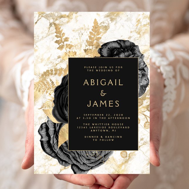 Invitation Élégant Mariage Fleurs Noir Or Blanc Marbre (Créateur téléchargé)