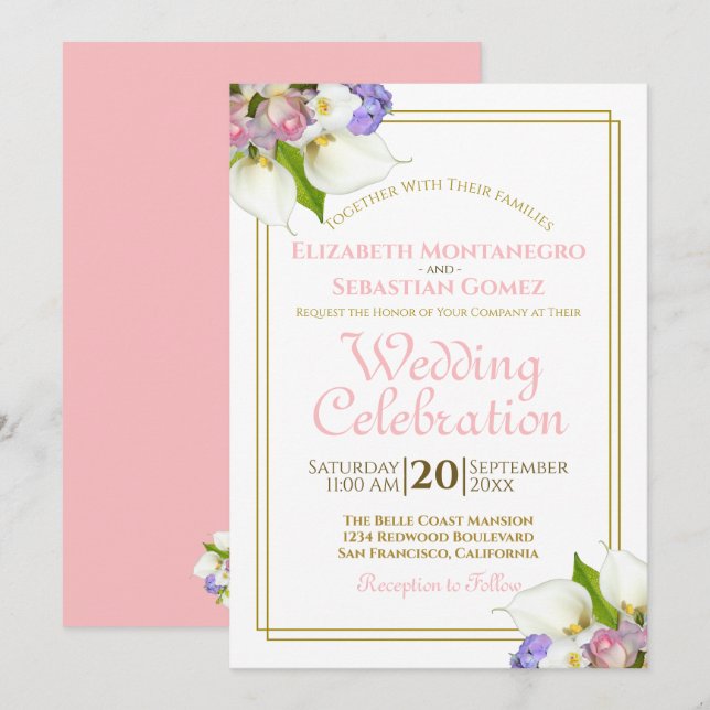 Invitation Élégant Mariage Fleurs Pastel Or et Rose (Devant / Derrière)