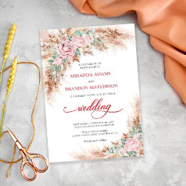 Invitation Élégant Mariage Fleurs Roses Pâles Herbe de Pampas