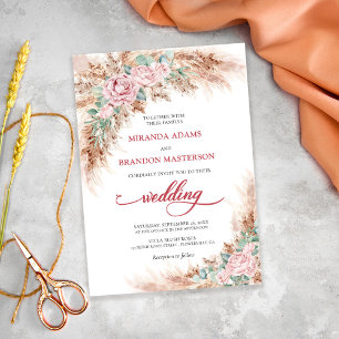 Invitation Élégant Mariage Fleurs Roses Pâles Herbe de Pampas