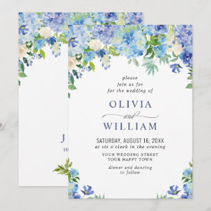Invitation Élégant mariage floral à l'aquarelle bleue d'horte