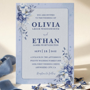 Invitation Élégant mariage floral aquarelle bleue traditionne