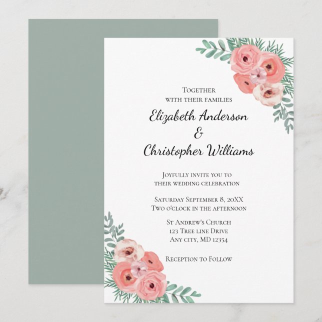 Invitation Élégant mariage floral aquarelle rose et vert  (Devant / Derrière)