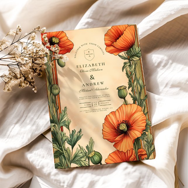 Invitation Élégant Mariage floral Art Nouveau Poppy (Créateur téléchargé)