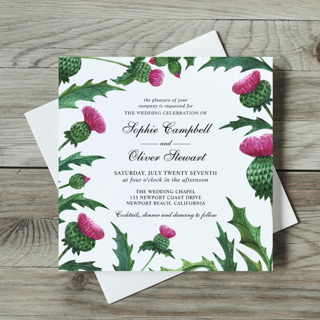 Invitation Élégant Mariage Floral au Chardon Écossais (Créateur téléchargé)
