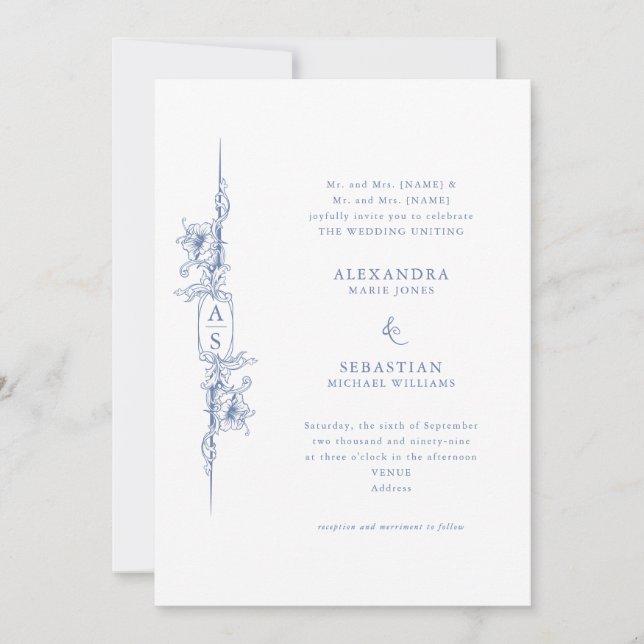 Invitation Elégant Mariage Floral Baroque bleu français (Devant)