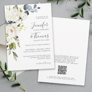 Invitation Élégant Mariage floral blanc avec code QR