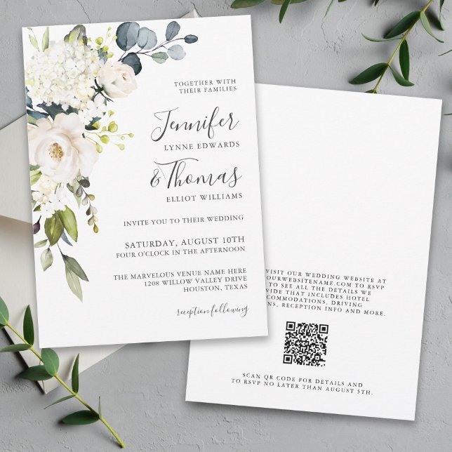 Invitation Élégant Mariage floral blanc avec code QR (Créateur téléchargé)