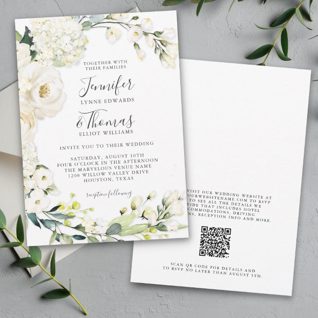 Invitation Élégant Mariage floral blanc avec code QR (Available in printed or paperless digital download!)