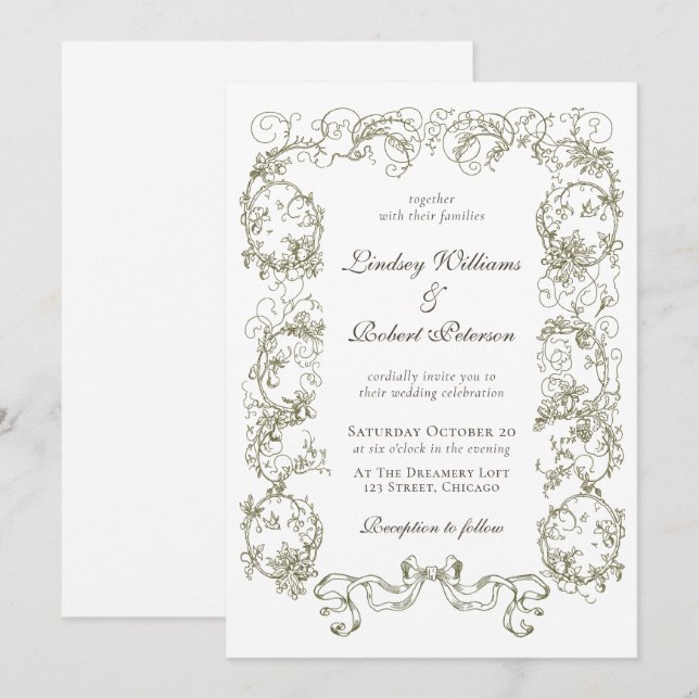 Invitation Elégant Mariage floral blanc blanc Vintage (Devant / Derrière)
