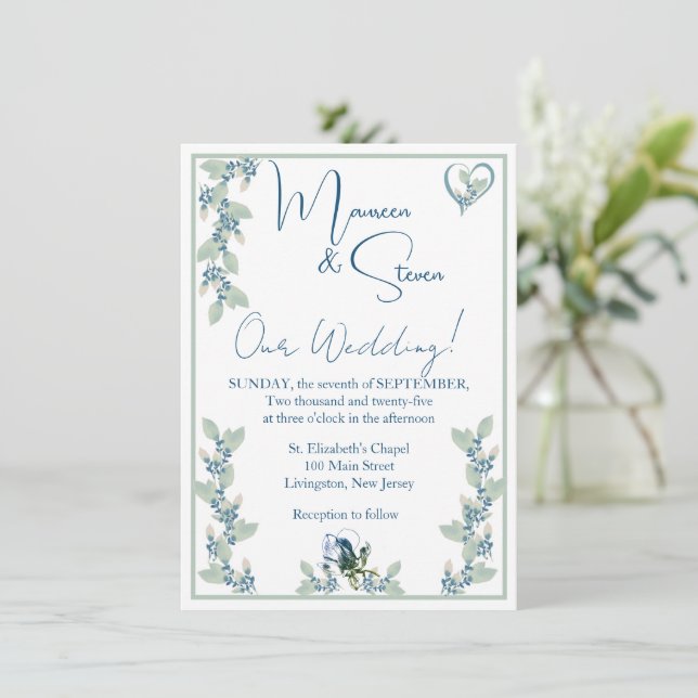 Invitation Élégant Mariage floral blanc, bleu et vert (Debout devant)