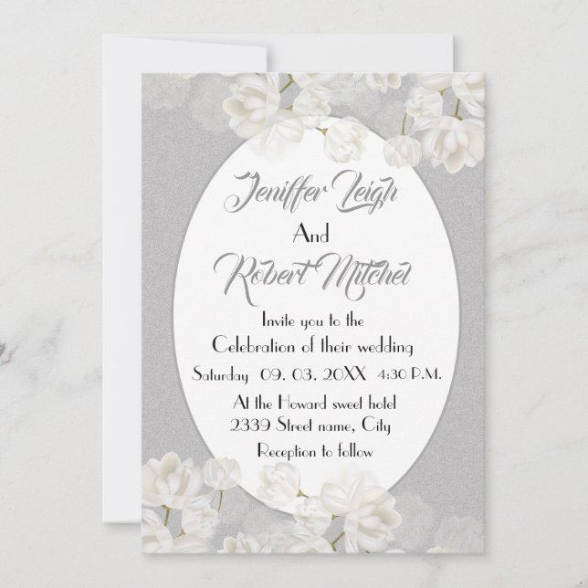 Invitation Élégant mariage floral blanc et argenté (Devant)