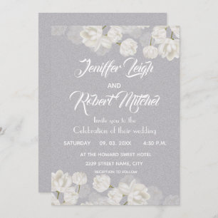 Invitation Élégant mariage floral blanc et argenté