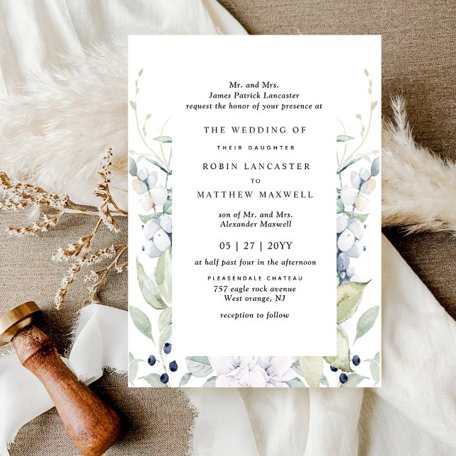 Invitation Élégant Mariage Floral Blanc et Bleu (Créateur téléchargé)