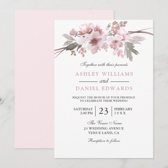 Invitation Élégant Mariage floral blanc et gris (Devant / Derrière)