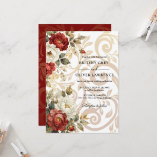 Invitation Élégant mariage floral blanc et rouge vintage en f