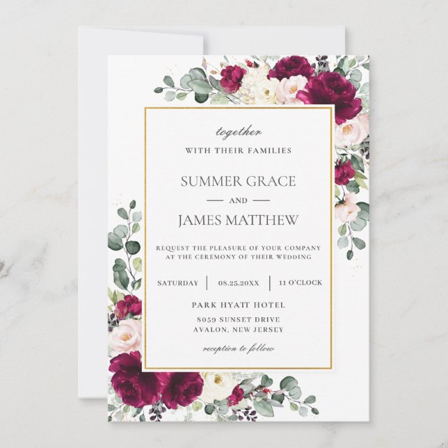 Invitation Élégant Mariage floral blanc framboise rose ivoire (Devant)