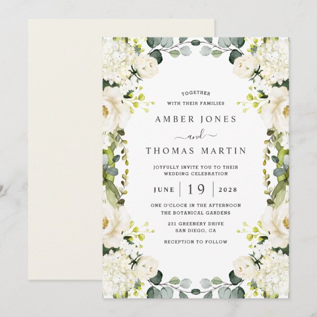 Invitation Élégant mariage floral blanc ivoire  (Devant / Derrière)