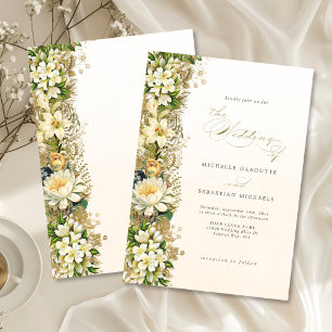 Invitation Élégant Mariage Floral Blanc Or