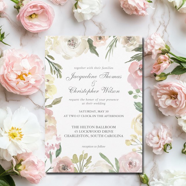 Invitation Élégant Mariage floral blanc rose ivoire (Créateur téléchargé)