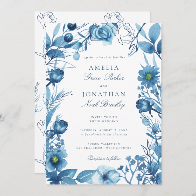 Invitation Élégant Mariage floral bleu (Devant / Derrière)