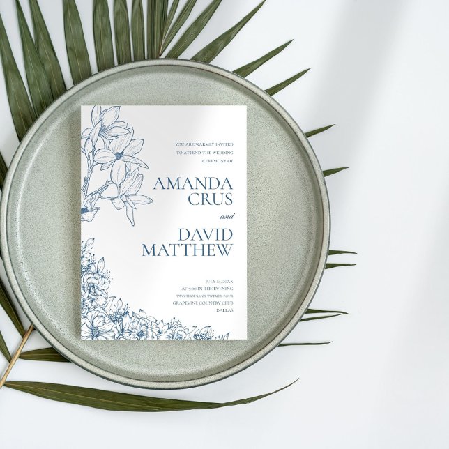 Invitation Élégant Mariage Floral Bleu (Créateur téléchargé)