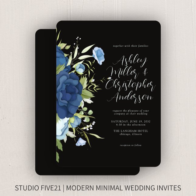 Invitation Élégant Mariage Floral Bleu (Créateur téléchargé)